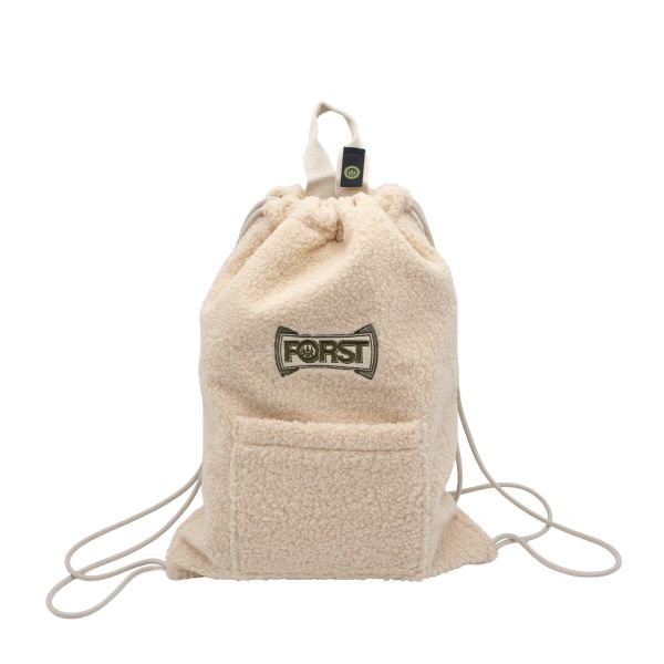 Beige Sherpa drawstring backpack with FORST logo