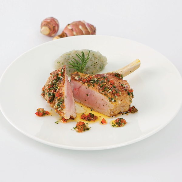 Cotoletta di vitello con pomodori aromatizzati e topinambur